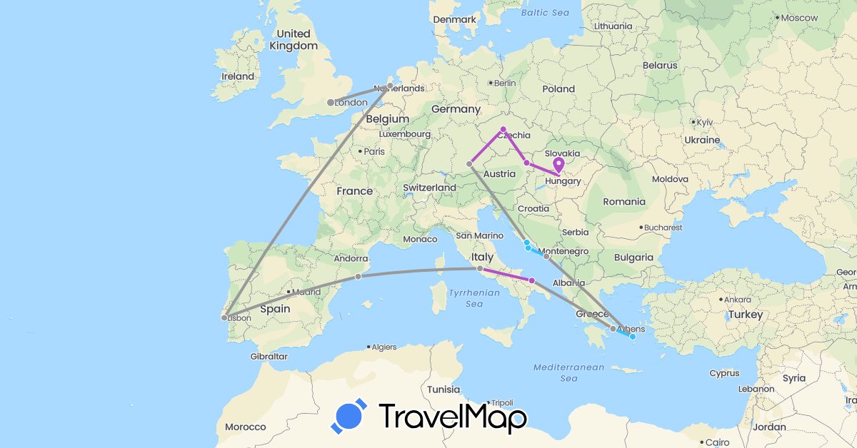 TravelMap itinerary: driving, plane, train, boat in Austria, Czech Republic, Germany, Spain, United Kingdom, Greece, Croatia, Hungary, Italy, Netherlands, Portugal (Europe)